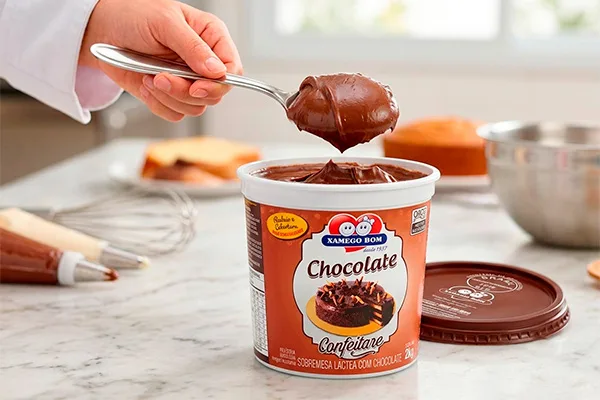 Colher retirando cobertura de Chocolate da linha Confeitare Xamego Bom