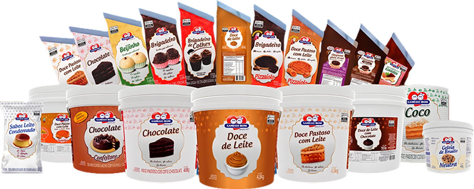 Linha de produtos Xamego Bom: baldes de doce de leite, coberturas de chocolate, brigadeiro, beijinho e doce pastoso