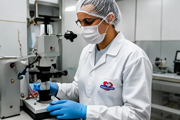 Profissional do controle de qualidade analisando produto no laboratório