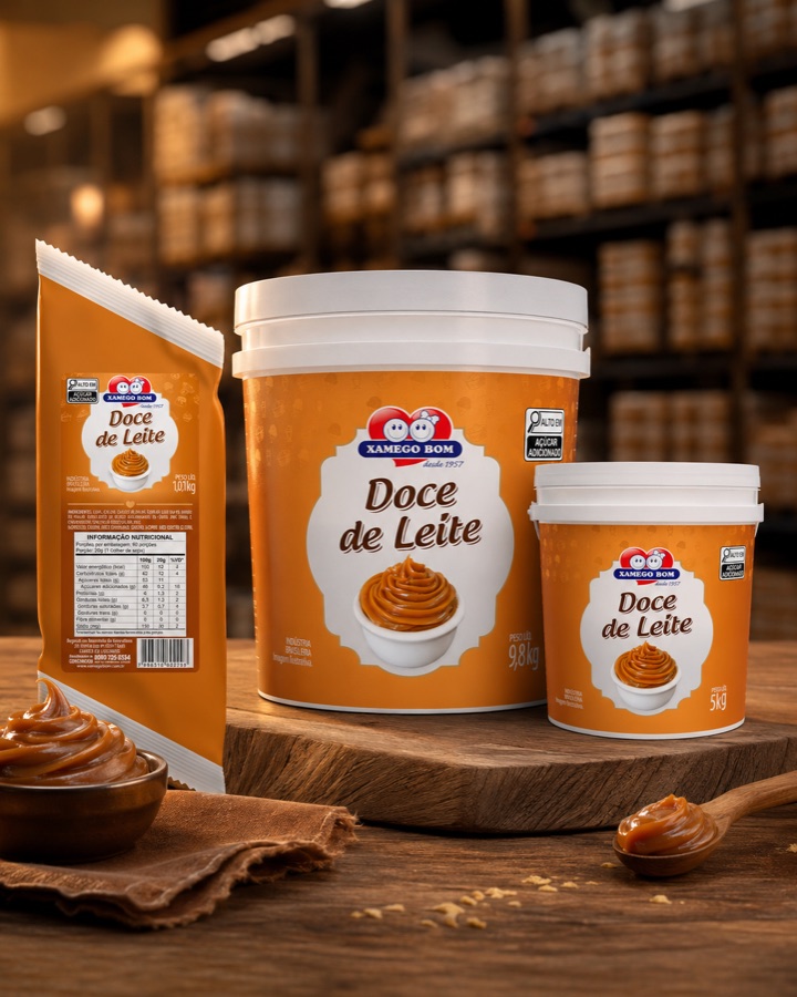 Baldes e bisnaga de Doce de Leite Xamego Bom com doce de leite cremoso servido em tigela