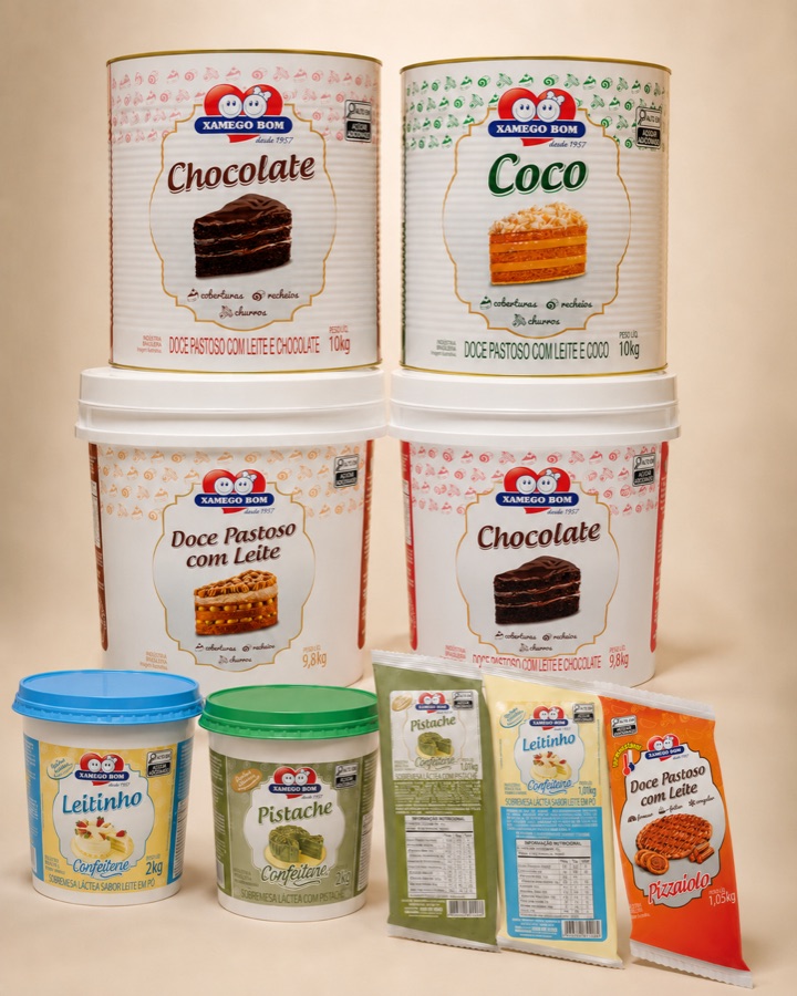 Linha de recheios e coberturas Xamego Bom: baldes e latas de Chocolate, Coco, Doce Pastoso, Leitinho e Pistache